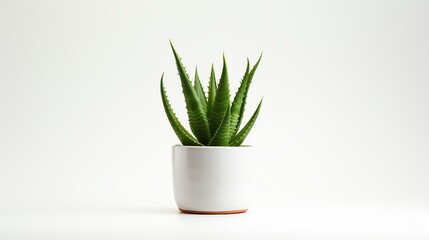 High-resolution image of a small Aloe Vera plant in a simple pot, its vibrant green leaves radiating outwards, set against a stark white background to highlight its medicinal and c