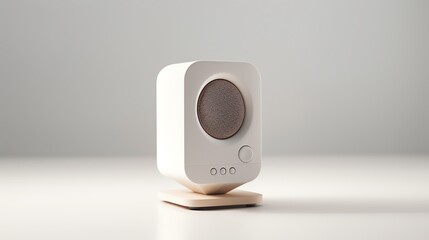 Minimalist image of a small desktop loudspeaker, designed for computer setups, showing subtle design elements and smooth contours, isolated on a white background for tech product c