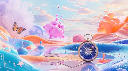 Pastel liquid landscape, hexagonal motifs, a serene butterfly, and an old-fashioned compass.