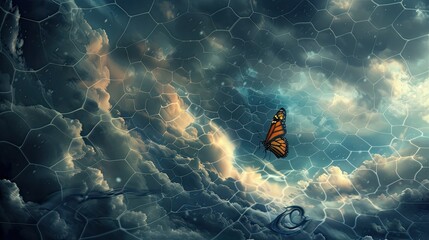 Stormy atmosphere with liquid clouds, hexagon-patterned sky, and a butterfly braving the winds.