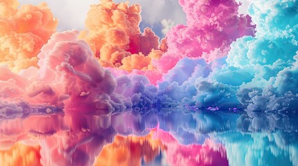 Fantastical dreamscape featuring clouds of pink, orange, blue, and violet liquids.