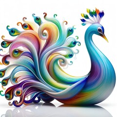 Fototapeta premium A stunning blown glass sculpture of a playful, a Peacock with seamlessly blended rainbow colors, white background