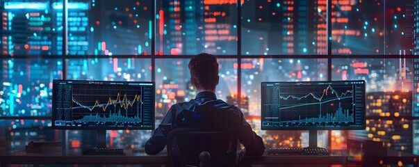 Financial Analyst Reviewing Financial Data and Charts in Urban Nightscape