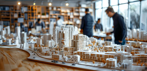 A group of people are standing around a table with a model of a city