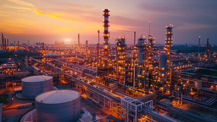 Fototapeta premium the sprawling complexity of a chemical plant at twilight, highlighting the interplay of artificial light with the fading natural light of sunset