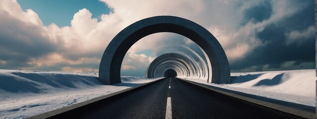 3d render, abstract minimal background with white clouds flying out the tunnel