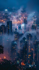 an image of billowing smoke enveloping a bustling cityscape, showcasing the contrast between the dark fumes and the bright city lights