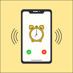 Illustration of an alarm clock ringing on a cell phone. Flat illustration of a ringing phone alarm clock.