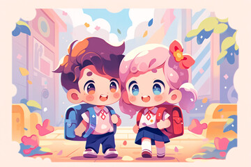 Educational illustration of students carrying backpacks back to school during the beginning of school season, educational learning concept illustration