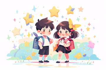 Educational illustration of students carrying backpacks back to school during the beginning of school season, educational learning concept illustration