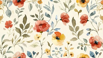 Hand-painted vintage floral pattern on ivory background with abstract plant and leaf design.