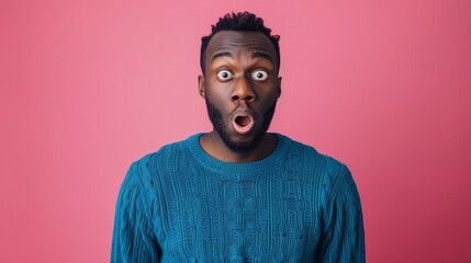 puzzled african american man in blue sweater in amazement on pink isolated background, confused and stunned man hyper realistic 