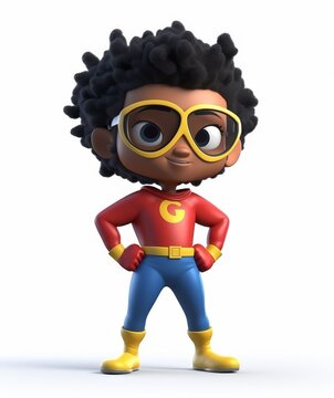 Confident Cartoon Superhero Child with Cape and Glasses Posing Isolated on White Background