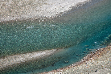 Turquoise colored waters of the Shyok River near the Indian border with China