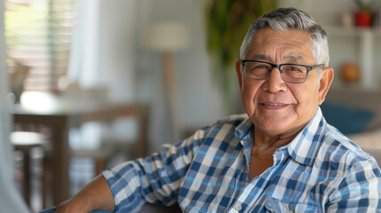 copy space, stockphoto,confident senior hispanic man posing sitting in the living room. single mature senior in living room. Happy man sitting. Carefree lifestyle. Aged man in good health.