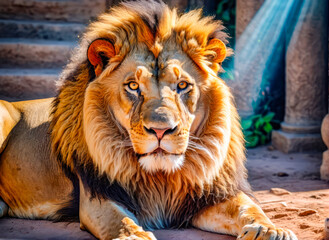 Obraz premium Lion portrait on savanna. portrait of a lion