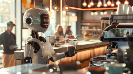 Robot Serving Coffee in Modern Cafe Environment.
