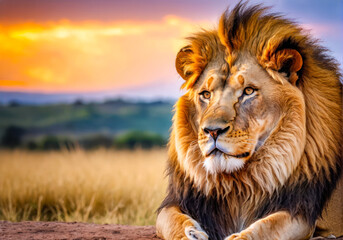 Lion portrait on savanna. portrait of a lion