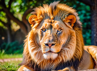 Lion portrait on savanna. portrait of a lion