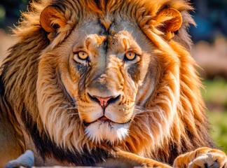 Lion portrait on savanna. portrait of a lion
