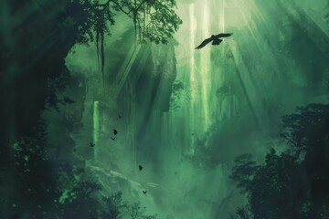 A lush green forest with a bird flying above it