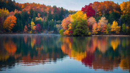 Autumnal Splendor, Vibrant Foliage Reflects in the Calm Lake Waters on a Serene Autumn Day.