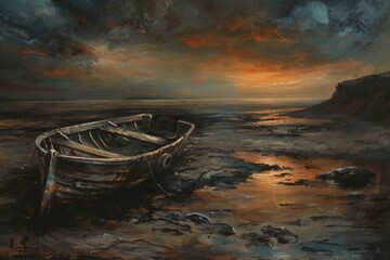 A painting of a boat on a beach with a sunset in the background
