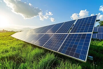 Solar panels glistening in sunlight on grassy field