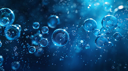 Molecules inside liquid bubbles on water background, cosmetic essence, cosmetic spa medical skin care, 3d illustration