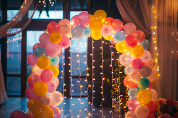 A balloon arch adorned with fairy lights woven through the balloons, creating a dazzling and luminous display for parties or celebrations.