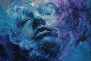 Obraz premium A woman's face is shown in a blue and purple smokey background