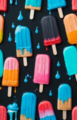 Colorful popsicles in the shape of a large, lively city with beautiful temples melt quickly on the bright blue background