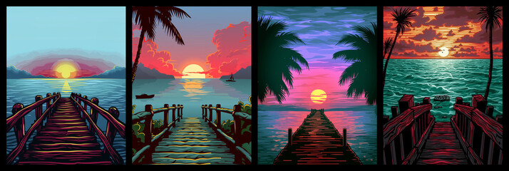 Collection of vibrant tropical sunsets over wooden piers in stylized illustrations, poster, cover