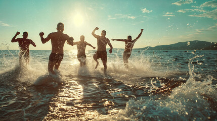 Fototapeta premium A group of people swim and hang out in the sea waves. Expressive emotional reaction. The pleasure of relaxation and vacation. Splashes from sea water