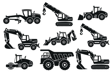 Set of heavy machinery silhouettes for construction and mining, motor grader, backhoe, telescopic crane wheels, mining truck, telescopic crane, excavator, front loader and soil compactor - obrazy, fototapety, plakaty