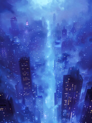 Mystical blue cityscape shrouded in fog with glowing lights illuminating skyscrapers at night