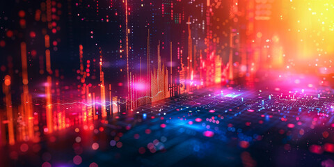 Obraz premium A colorful, abstract image of a cityscape with bright lights and a blue sky