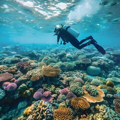 Scuba Diver Exploring Vibrant Coral Reef Ecosystem in the Great Barrier Reef
