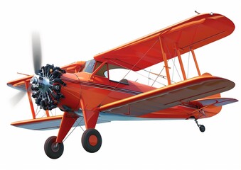 Classic Red Biplane On White Background Isolated Vintage Aircraft.