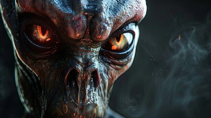 Close-up of an intense alien creature with glowing eyes in mist