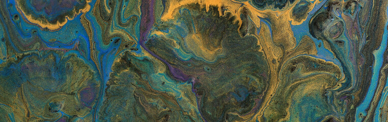 art photography of abstract marbleized effect background with turquoise, green, black and gold...