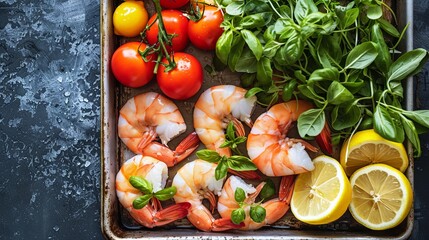 Fresh seafood platter with shrimp, tomatoes, and basil
