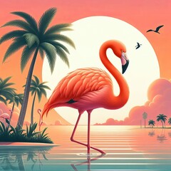 A pink flamingo stands in the water at sunset
