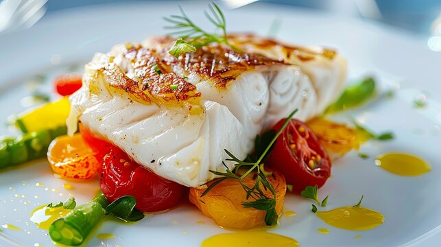 Gourmet seared cod fillet with colorful cherry tomatoes and fresh herbs on elegant plate