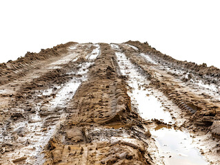 Country muddy road isolated on white or transparent background