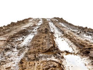 Country muddy road isolated on white or transparent background