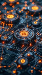 Fototapeta premium Digital crypto planet, eyelevel, neon blockchain links, sharp focus, business in cyber Earth