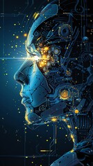 Humanoid AI, closeup, merging with digital landscapes, under a spotlight, future technology marvel