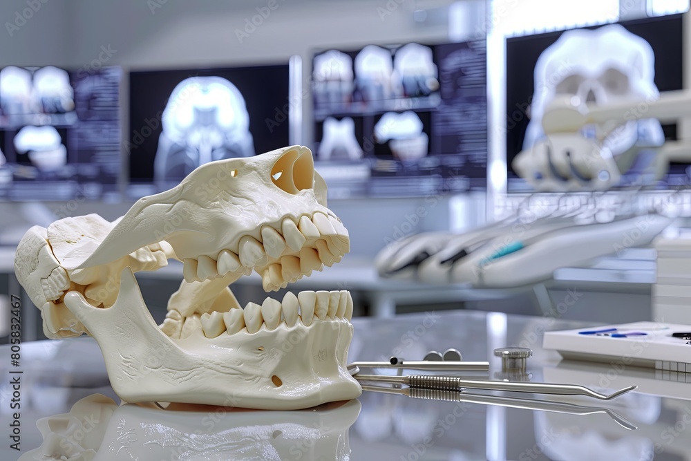 Poster a detailed 3d model of a dinosaurs jaw with diagnostic data is displayed on a table, suitable for ed