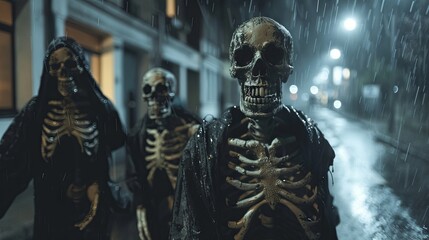 Creepy skeleton costumes on a rainy night in an urban setting